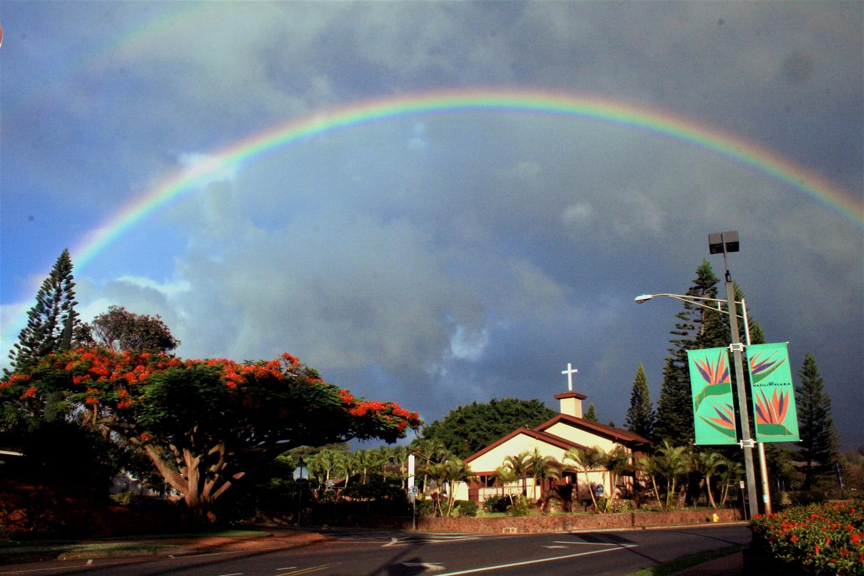 Rainbow over church, Maui